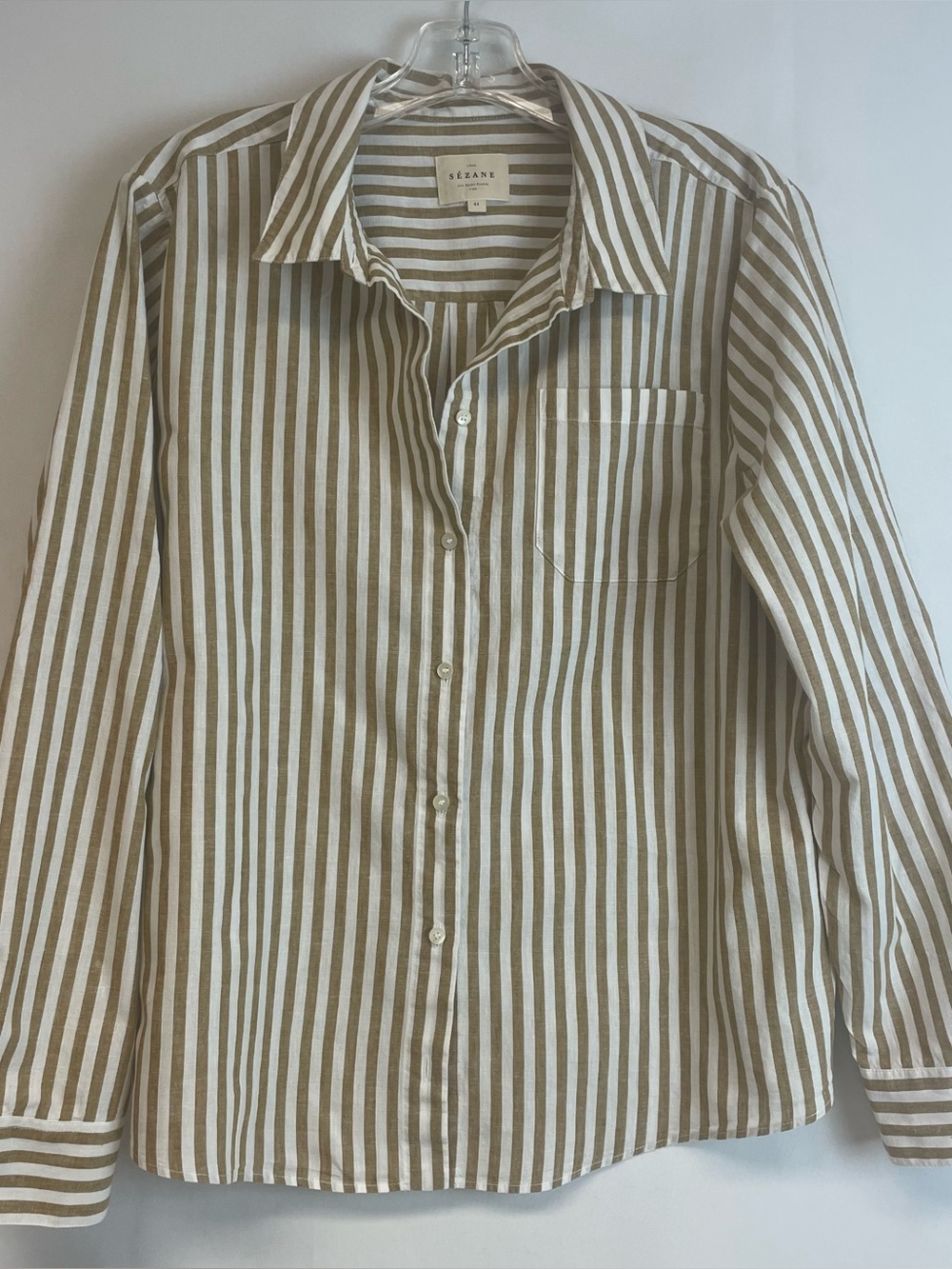 Sezane Women’s Classic Camel Tan & White Striped Button Down Tomboy Shirt